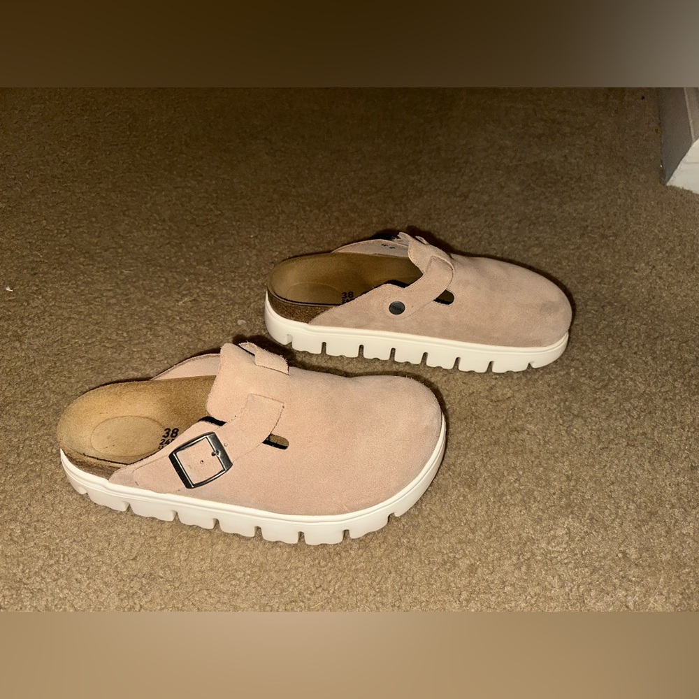 Birkenstock Suede Sandals in Tan and White - Picture 5 of 7